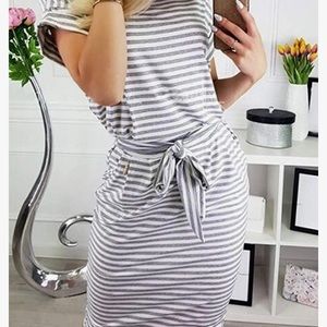 Pretty Garden light gray and white striped dress.